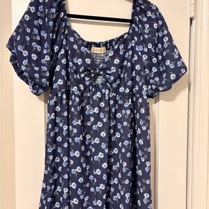 Altar'd State Blue Floral Mini Babydoll Ring Detail Mini Dress Puff Sleeve